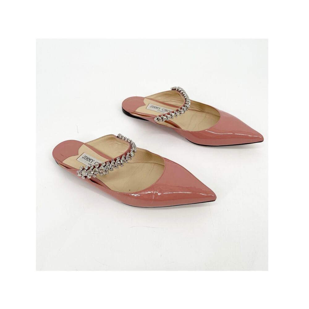 Jimmy Choo Ballet Pink Patent Leather Crystal Bing Pointed Toe Flat Mules 37.5